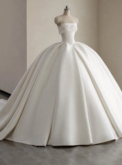 White Satin Ball Gown Strapless Wedding Dress