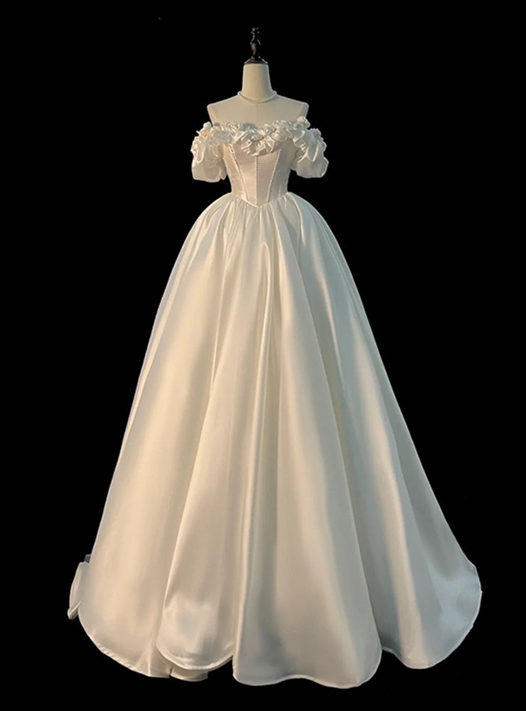 White Satin Flower Pearls Wedding Dress