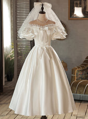 White Satin Lace Puff Sleeve Bow Wedding Dress