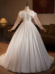 White Satin Long Sleeve Bow Wedding Dress