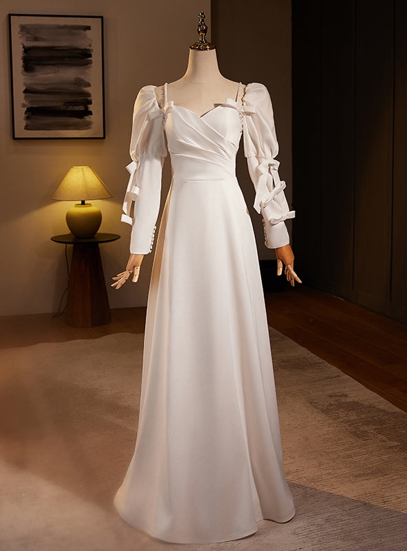 White Satin Long Sleeve Square Neck Pleats Wedding Dress