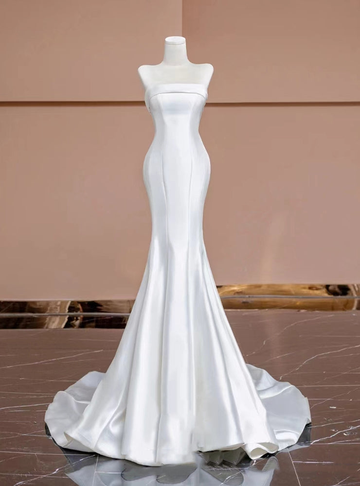 White Satin Mermaid Strapless Wedding Dress