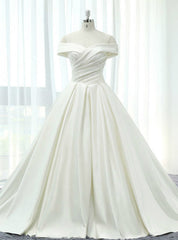 White Satin Off The Shoulder Pleats With Train Wedding Dress