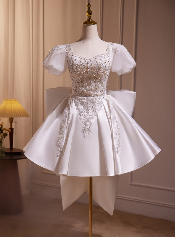 White Satin Puff Sleeve Beading Homecoming Dress