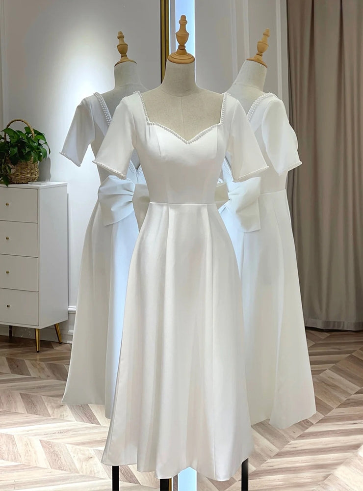 White Satin Short Sleeve Short Wedding Dress