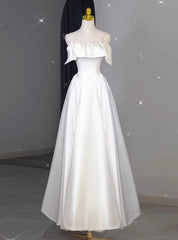 White Satin Spaghetti Straps Pearls Wedding Dress