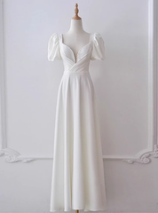 White Satin Square Puff Sleeve Pleats Pearls Wedding Dress