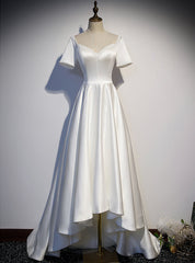 White Satin Square Short Sleeve Pearls Prom Dress