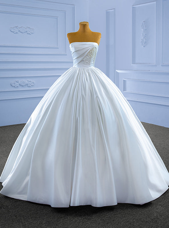 White Satin Strapless Pearls Pleats Wedding Dress