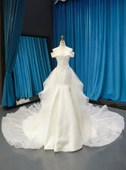 White Satin Tulle Off the Shoulder Wedding Dress With Long Train