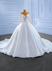 White See-through Neck Satin Long Sleeve Beading Sequins Wedding Dress