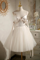 White Spaghetti Straps V-Neck Tulle Short Homecoming Dress with Bow