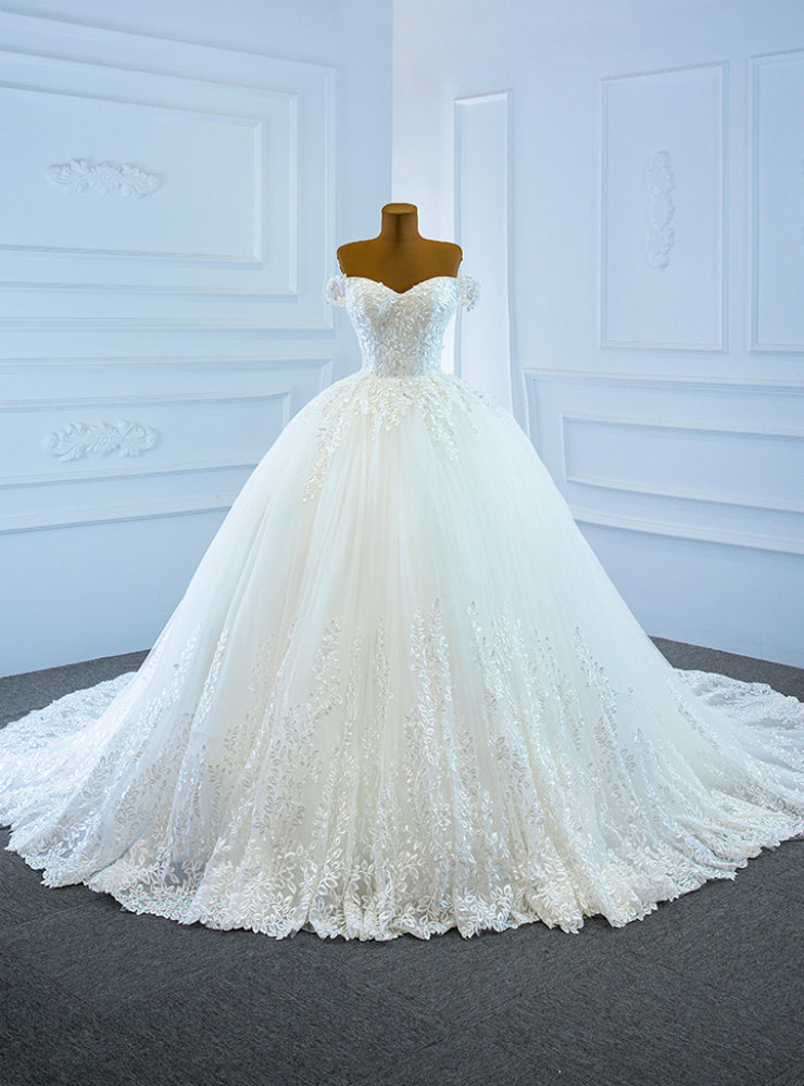 White Tulle Appliques Off the Shoulder Wedding Dress