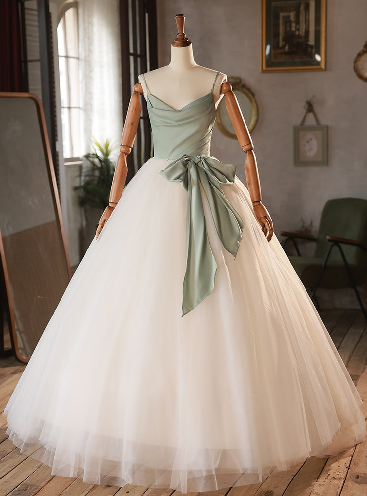 White Tulle Green Satin Spaghetti Straps Wedding Dress