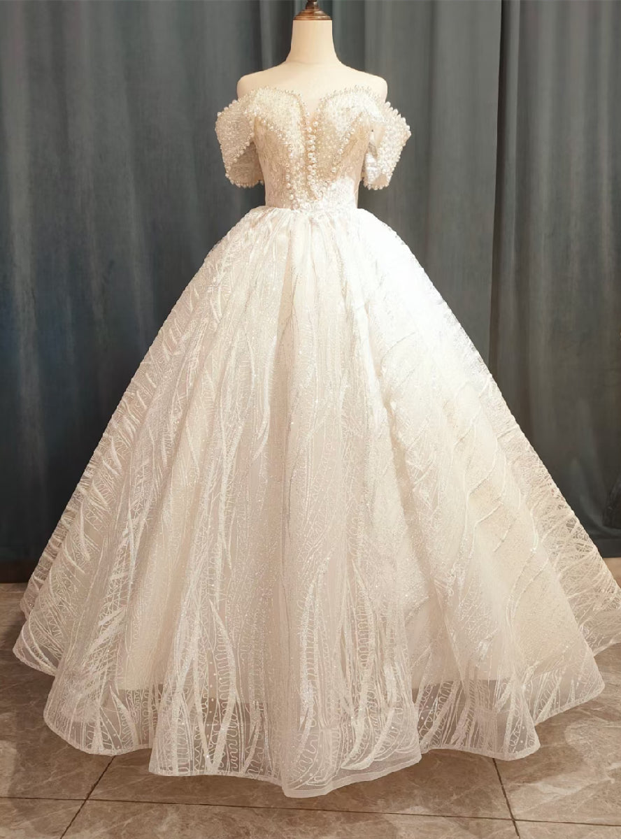 White Tulle Lace Off the Shoulder Pearls Wedding Dress