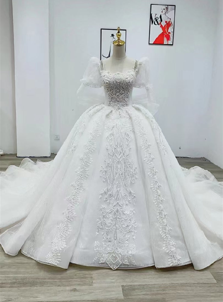 White Tulle Lace Puff Sleeve Beading Pearls Wedding Dress