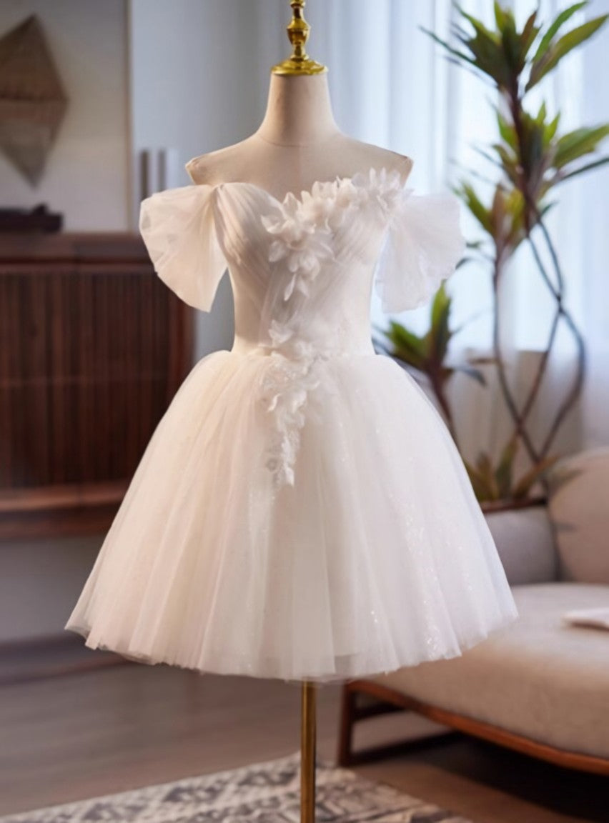 White Tulle Off the Shoulder Pleats Flower Wedding Dress