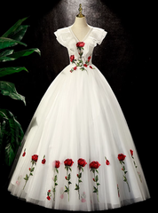 White Tulle Rose Flower Quinceanera Dress