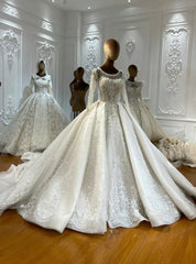 White Tulle Sequins Appliques Long Sleeve Beading Wedding Dress