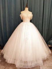 White Tulle Sequins Off the Shoulder Pearls Floor Length Wedding Dress