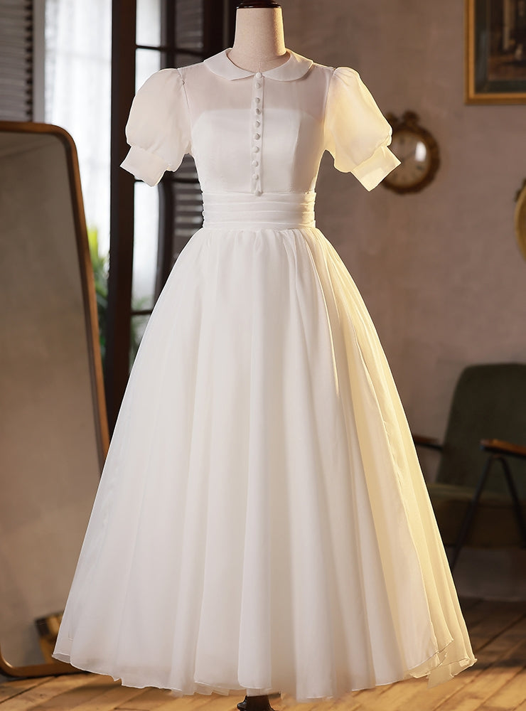 White Tulle Short Sleeve Button Wedding Dress