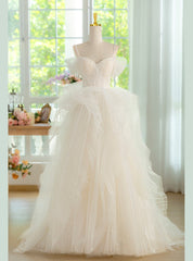 White Tulle Spaghetti Straps Pleats Beading Wedding Dress