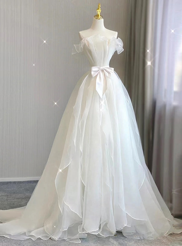 White Tulle Strapless Pleats Bow Wedding Dress