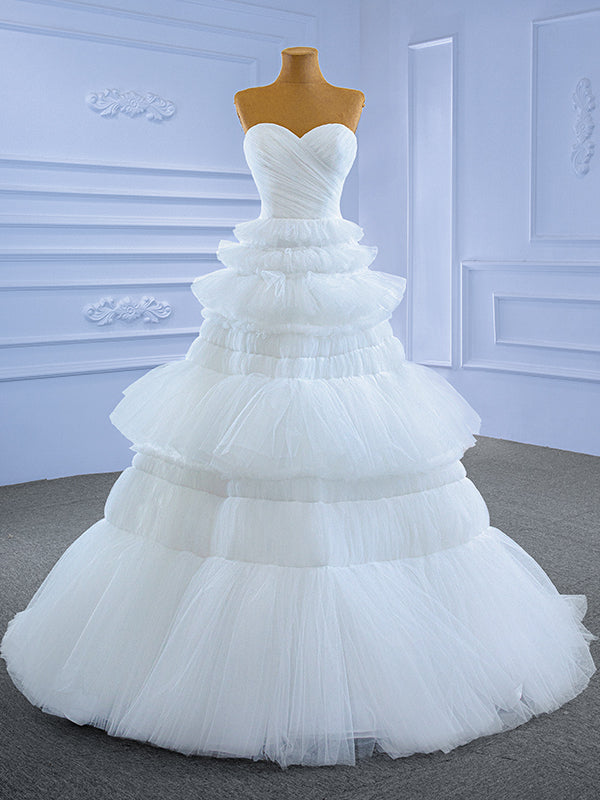 White Tulle Sweetheart Pleats Tiers Wedding Dress