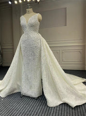 White V-neck Mermaid Beading Sequins Wedding Dress With Detachable Train