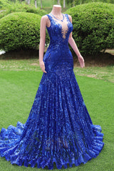 Women Sequined Royal Blue Prom Dresses Sleeveless Cocktail Party Gowns Light Luxury Luxury Evening Dresses