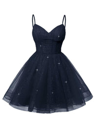 Women's V Neck Tulle Spaghetti Straps Navy Blue Homecoming Dresses with Corset Back Short Prom Gowns for Teens