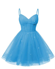 Women's V Neck Tulle Spaghetti Straps Ocean Blue Homecoming Dresses with Corset Back Short Prom Gowns for Teens