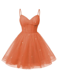 Women's V Neck Tulle Spaghetti Straps Orange Homecoming Dresses with Corset Back Short Prom Gowns for Teens