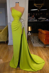 Yellow Green One Shoulder Mermaid Prom Dress Long Split With Beads