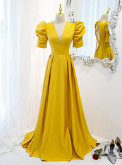 Yellow Satin V-neck Backless Short Sleeve Prom Dress