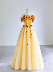 Yellow Tulle Applique Off the Shoulder Prom Dress