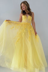 Yellow Tulle Appliques Lace-Up A-Line Long Prom Dress