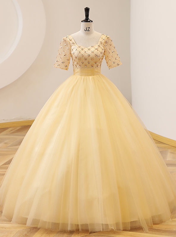 Yellow Tulle Square Short Sleeve Beading Quinceanera Dress