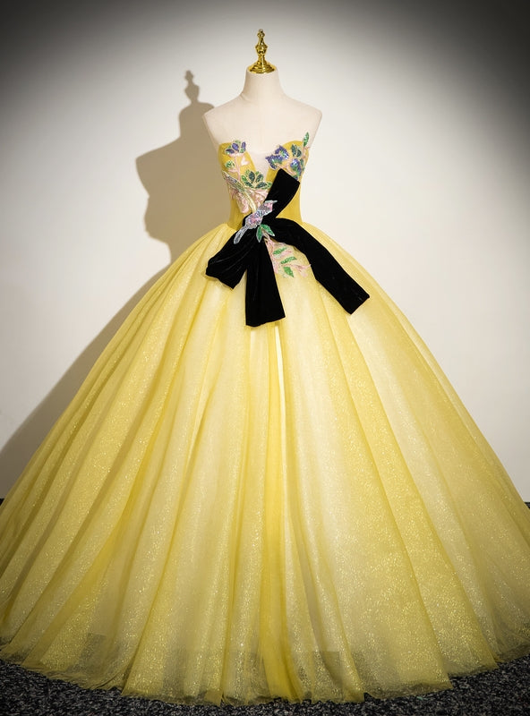 Yellow Tulle Strapless Appliques Quinceanera Dress