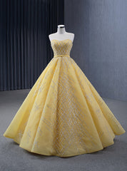 Yellow Tulle Strapless Sequins Beading Prom Dress