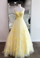 Glam Dress, Yellow Spaghetti Strap Long Prom Dresses, A-Line Evening Dresses