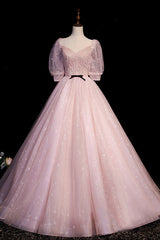 Wedding Color, Pink V-Neck Tulle Long Prom Dress, A-Line Short Sleeves Evening Dress