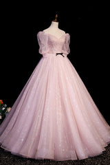 Wedding Theme, Pink V-Neck Tulle Long Prom Dress, A-Line Short Sleeves Evening Dress