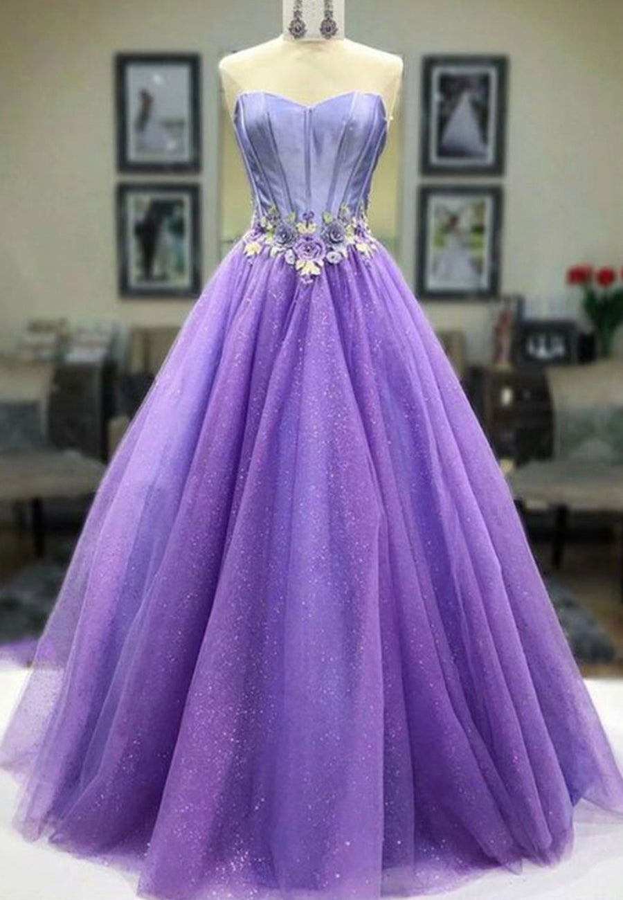 Summer Wedding Color, Purple Strapless Tulle Long Prom Dresses, A-Line Evening Dresses