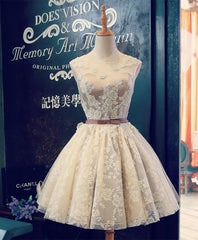 25 Th Grade Dance Dress, Cute Champagne Lace Short Prom Dress, Evening Dress