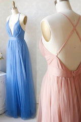 Long Dress, A-Line Tulle Long Prom Dresses, Simple V-Neck Party Dresses