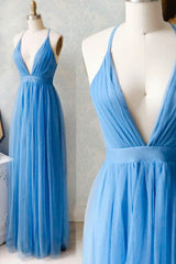 Fancy Dress, A-Line Tulle Long Prom Dresses, Simple V-Neck Party Dresses