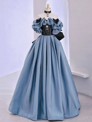 Spring Wedding Color, Blue Satin Lace Long Prom Dress, Off Shoulder Evening Dress