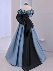 Midi Dress, Blue Satin Lace Long Prom Dress, Off Shoulder Evening Dress