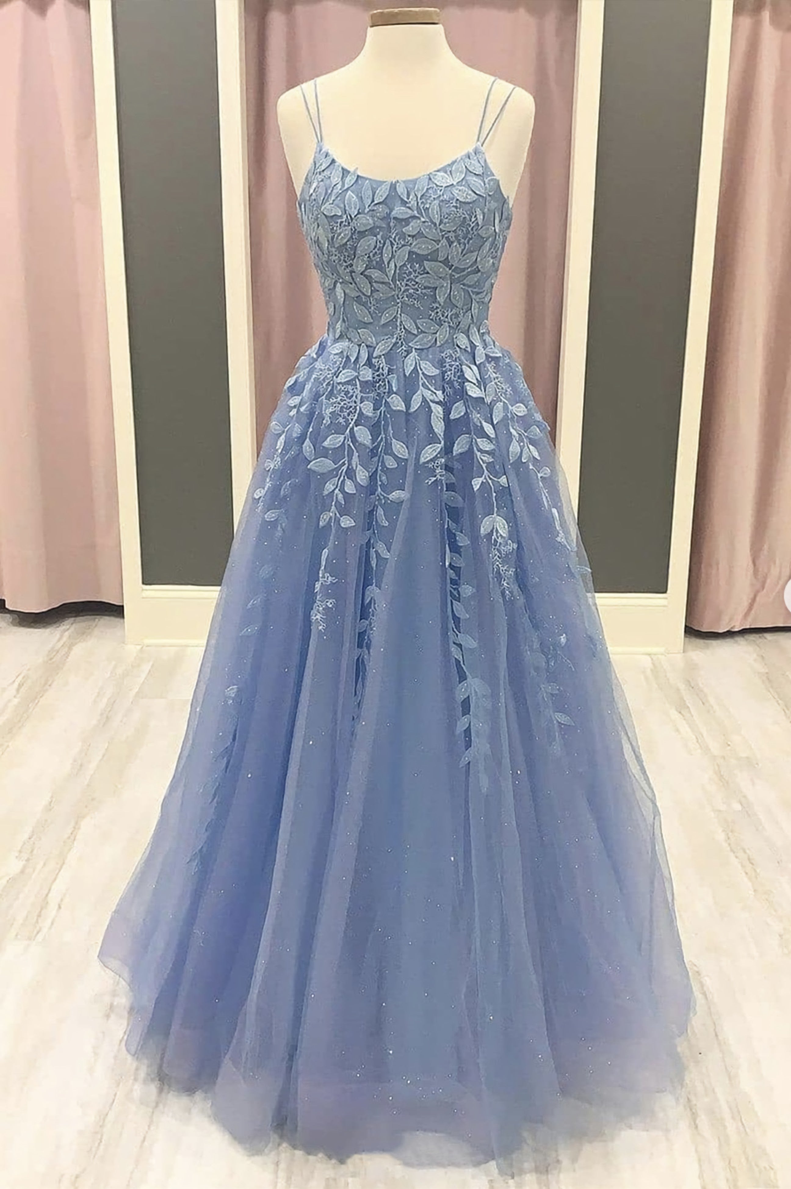 Pleated Dress, Blue Tulle Lace Applique Long Prom Dress, Lace Formal Dress